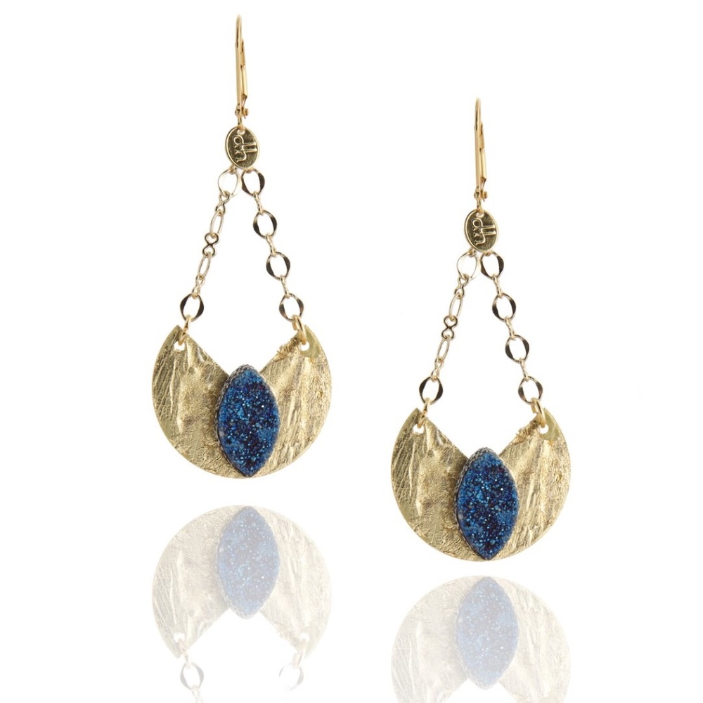 Blue druzy and textured brass handmade earrings